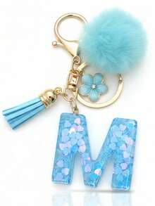 1pc Blue Heart Letter Keychain With Butterfly & Flower Decor, Women Bag Charm, Gift Keyring With Pom Pom - Royal Blue - View 2