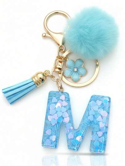 1pc Blue Heart Letter Keychain With Butterfly & Flower Decor, Women Bag Charm, Gift Keyring With Pom Pom