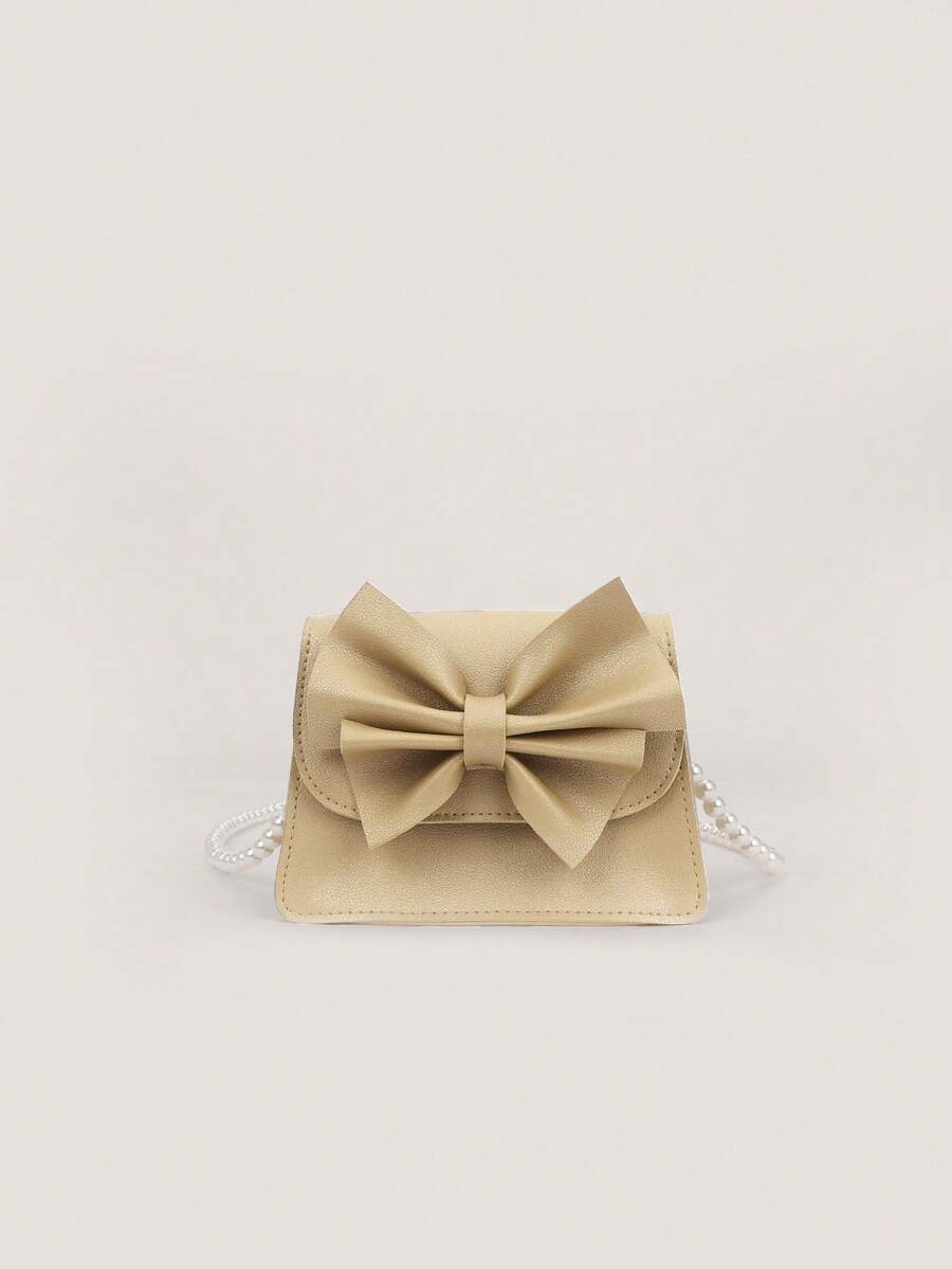 1pc Girls' Cute Mini Dual-Fabric Bow Handbag, Suitable For Daily Outfits - Gold - View 1