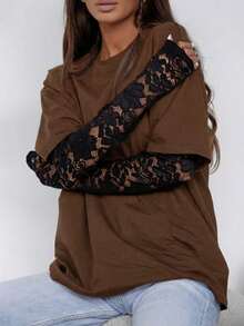 复古宽松T恤+蕾丝长袖小众叠层性感甜美风修身女式休闲上衣 - 棕色 - 查看 2