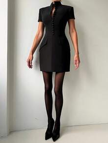 Vestido blazer elegante, casual de negócios, com cintura marcada, adequado para uso diário, escritório e deslocamentos. Preto, ideal para o verão. - Preto - Ver 6