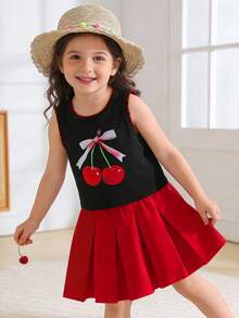 4-7 Years Old Girls 2pcs Set, Round Neck Contrast Wave Design Cherry Print Tank Top Paired With Pleated Skirt Outfit, Suitable For Daily Wear, School, Playtime, And Family Outings - Red - View 1