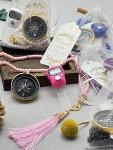 5-In-1 Holiday Gift Set: Faux Pearl Beaded Finger Ring Counter With Compass & Card - Ideal Party Souvenirs - M-Rose Gold - View 6