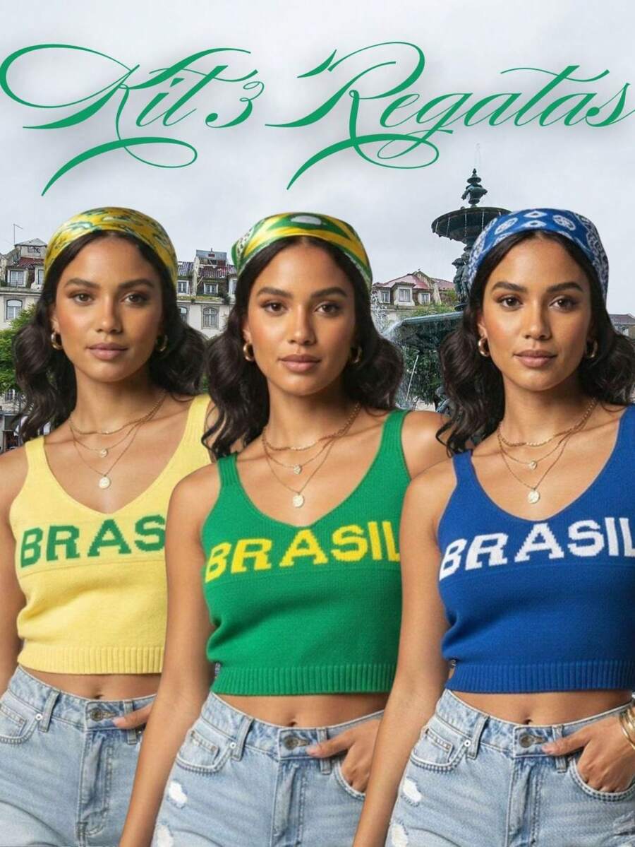 Set Of 3 Women's Cropped Tank Tops, Brazilian Style, Modal Knit, U-Neck, Spaghetti Straps, Summer, Carnival, World Cup - 黃/綠/藍 - 查看 1