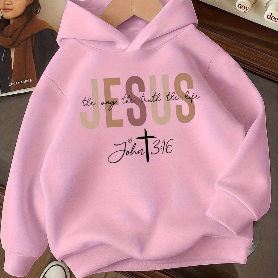 Comfortable Autumn And Winter Kangaroo Hoodie Sweatshirt Featuring A Jesus Love Print For Girls - Màu Hồng baby - Xem 1