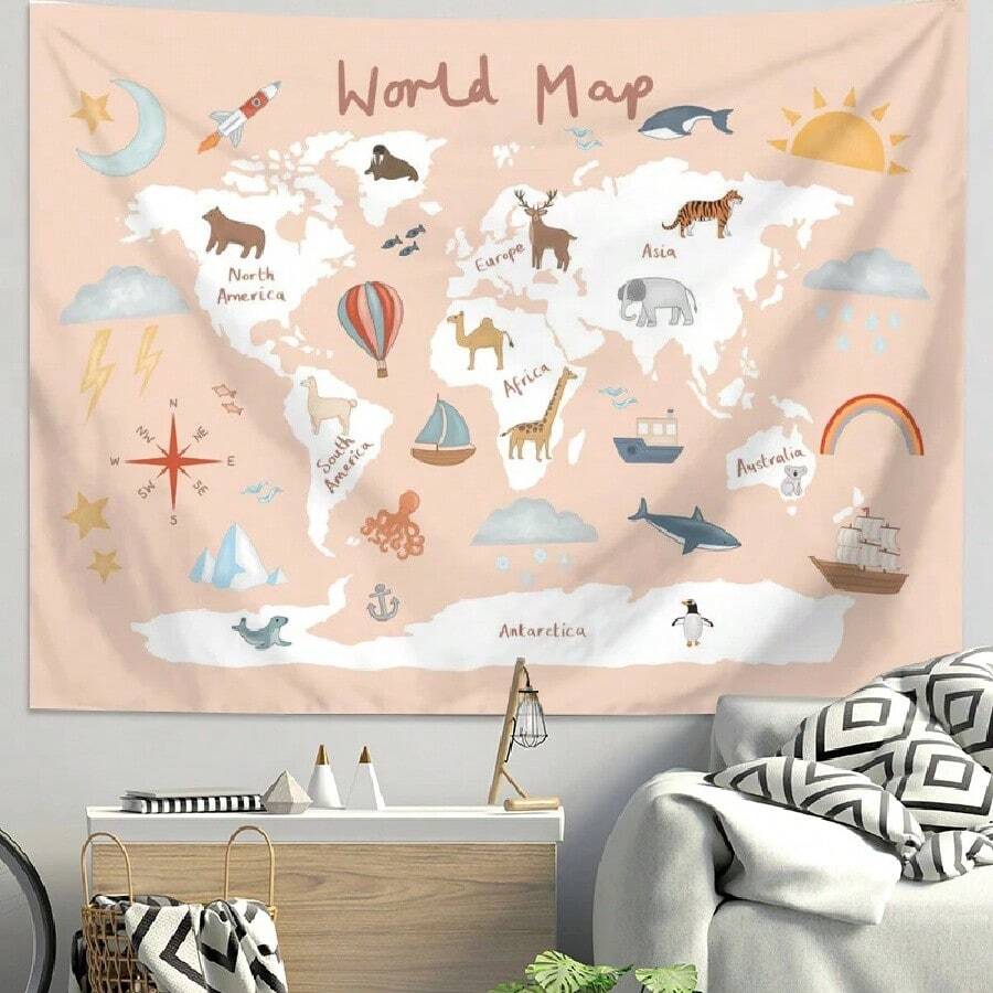 VIKAMA Ins Scandinavian World Terrain Tapestry 's Room Wall Decoration Cartoon Animal Map Bedside Background Tapestry(6).Jpg - White - View 1