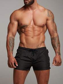 Summer Solid Color Drawstring Elastic Waist Black Short Inseam Quick Dry Men's Beach Shorts For World Cup Fans - 黑色 - 查看 5