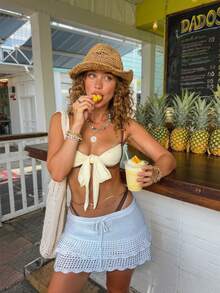 Women's Summer New Fashion Casual Y2K Cute Elastic Waist Blue Skirt, Lightweight Knit Hollow Out Skirt, Double-Layer Pleated Skirt, Suitable For Daily Casual, Holiday Outings, Beach Vacation, Beach Party, Fashionable Street Shooting - Blue - View 3