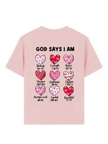 Tween Girl "God Says I Am Enough..." Inspirational Slogan 3D Heart Grid Cartoon Print T-Shirt, Suitable For Casual, Street, Travel & Holiday Wear, Fashion Girl Summer Top - Pink - View 7