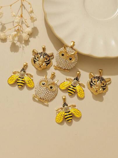 1件/包 304不锈钢 时尚百搭 虎头、猫头鹰、蜜蜂吊坠配饰 可爱昆虫动物装饰