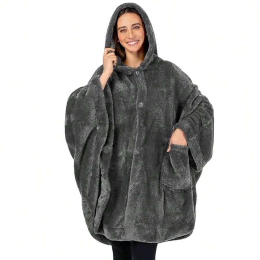 PAVILIA - Poncho con capucha para mujer y adulto manta acogedora y esponjosa capa de sherpa - Gris - Ver 1