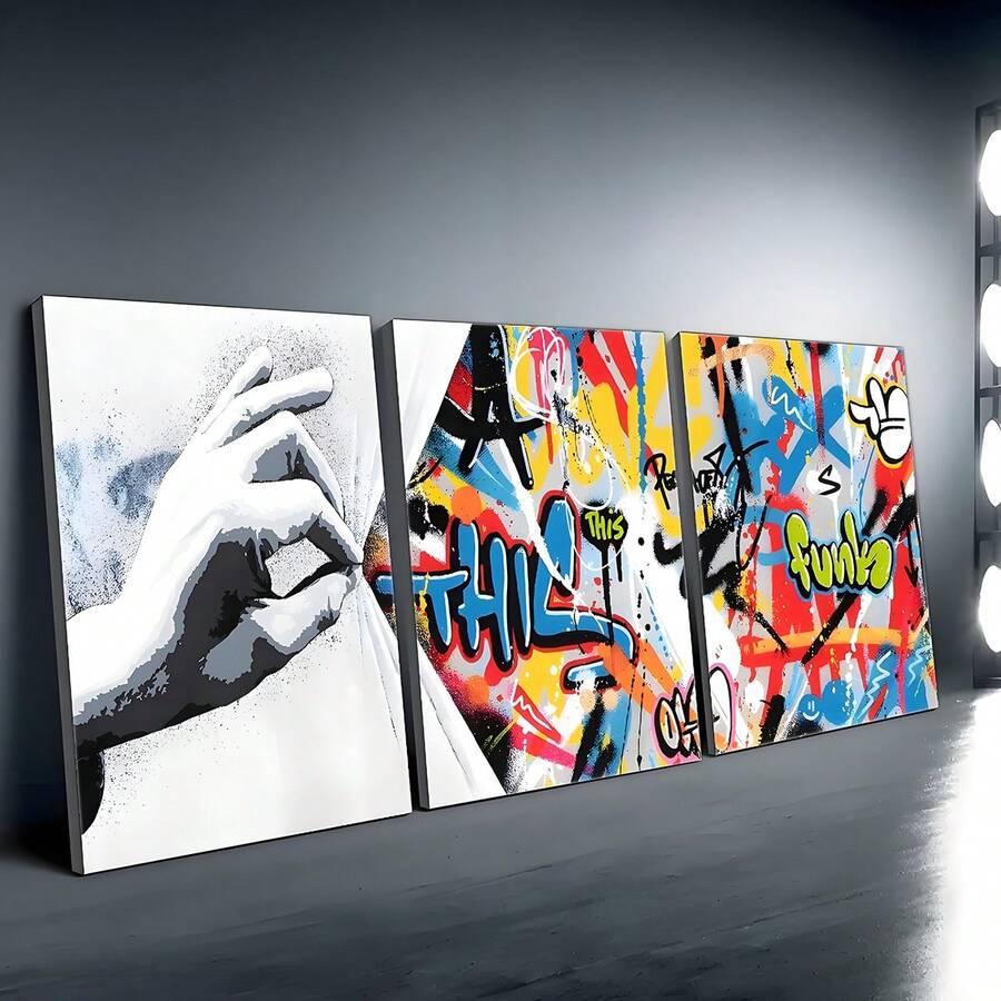 3pcs Set Modern Street Graffiti Style Colorful Abstract Wall Art Canvas Posters, High Definition Printing With Optional Frames, Suitable For Home, Office, Living Room, Bedroom, Kitchen Decor, Indoor & Outdoor Use In Spring & Winter, Printed Material, Corridor Decoration, Artwork, Ideal Gift For Friends - Multicolor - View 1