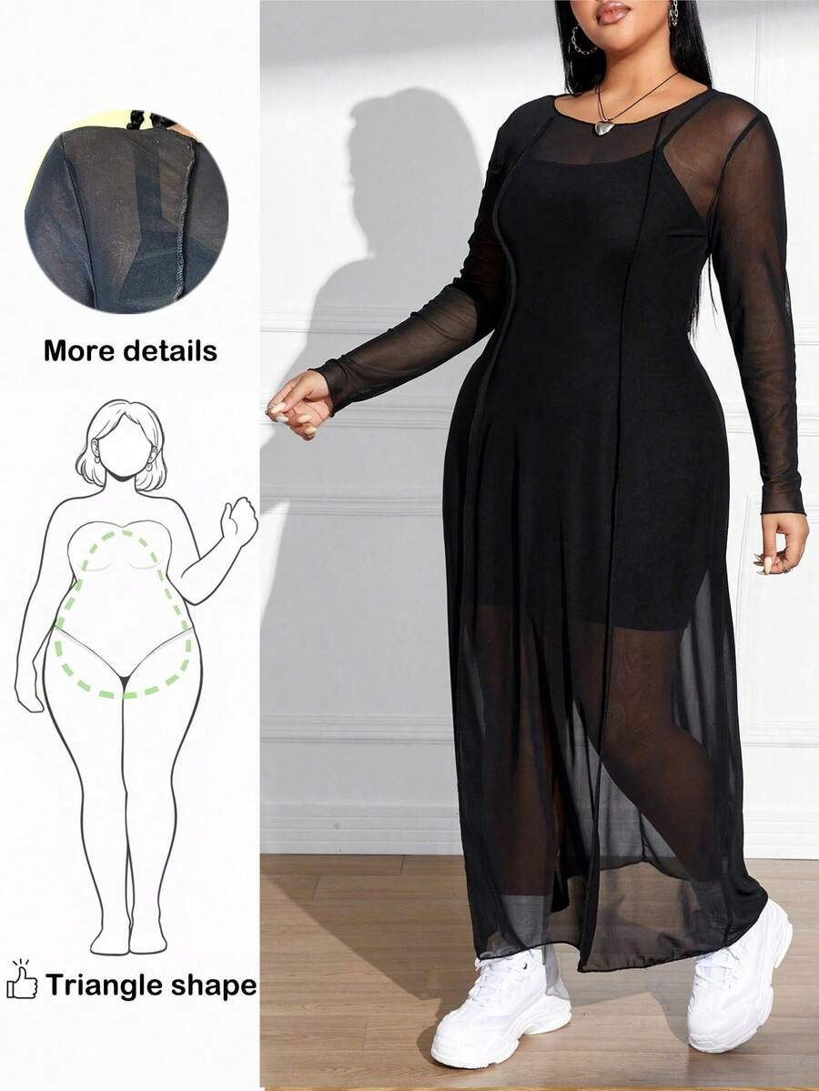 Truni Plus Size Women Mesh Long Sleeve Dress, Summer, For Pear Triangle Body Shape - Black - View 1