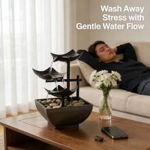 LUMIARTISAN USB Desktop Waterfall Fountain With LED Lights - 3-Tier Indoor Water Fountain With Natural River Rocks,Or For Home Office Bedroom Meditation.Table Décor,Living Room Deccor ,Home Deccor. - 黑色和棕色底座 - 查看 2