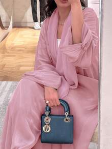 Middle Eastern Modest Women Abaya Dress, Dubai Outerwear Cardigan Robe, Shiny Fabric, - Pink - View 3