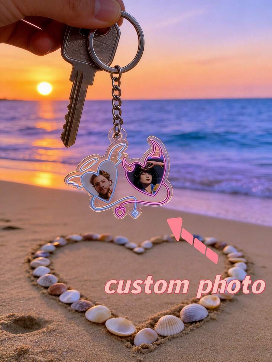 1Pc Custom Couple Photo Acrylic Keychain – Angel & Devil Design, Personalized Photo Keyring, Valentine's Day Gift, Custom Keychain, Perfect For Couples, Boyfriend, Girlfriend, Anniversary, Birthday, Daily Use, Bag Charm, Special Occasions - Shape - View 1