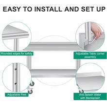 Mesa de Trabajo de Acero Inoxidable Comercial con Salpicadera y 4 Ruedas - Mueble de Cocina Resistente con Estante Ajustable para Negocios y Exteriores - 48 x 24 pulgadas - Ver 8