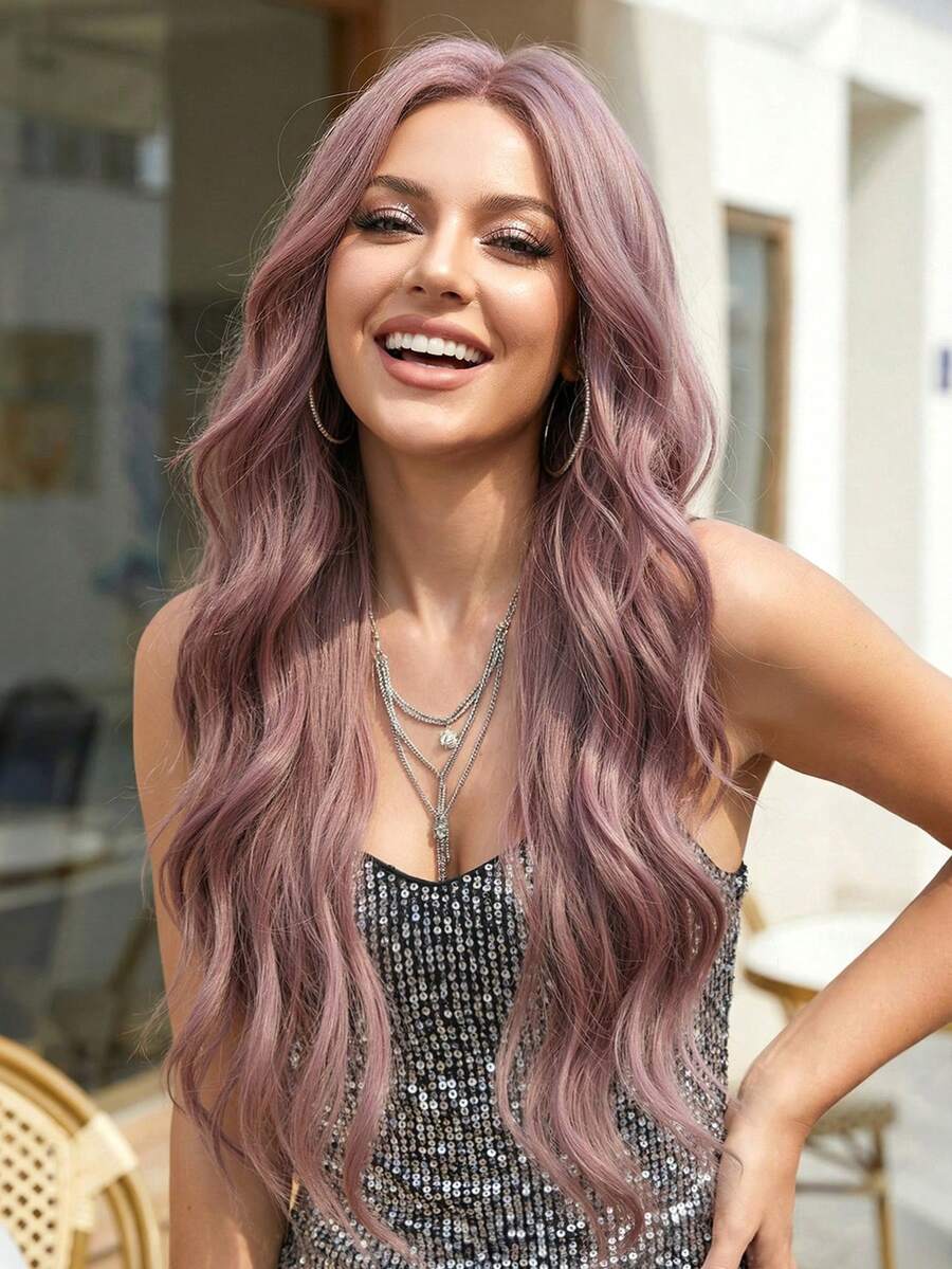 28英寸粉棕色长卷发假发 - 高温丝材质，高温丝机制，中长刘海搭配长卷发，基础款，适合所有人，女士假发，新手必备，百搭，节日美妆必备，佩戴舒适，适合日常、派对、角色扮演、节日、音乐节等场合，斋月礼物 - 粉棕色 - 查看 1