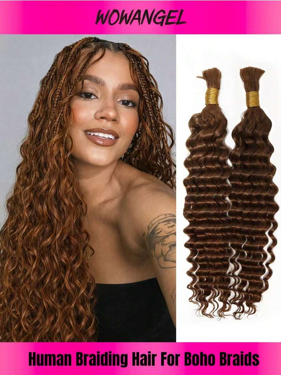 WOWANGEL 90g 16-24 Inch Deep Wave Braiding Hair Extensions, Wet Wavy Curly Human Hair, 2 Packs, Color #30 Brown, Bohemian Braiding Hair - S30 - View 1