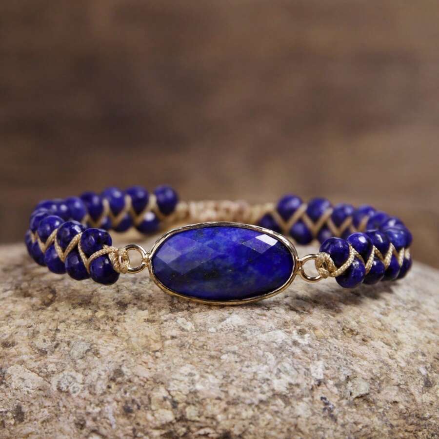 1件波西米亚风青金石串珠手链，带流苏 - 优雅天然宝石吊坠，完美适合日常度假佩戴 - 寶藍色 - 查看 1