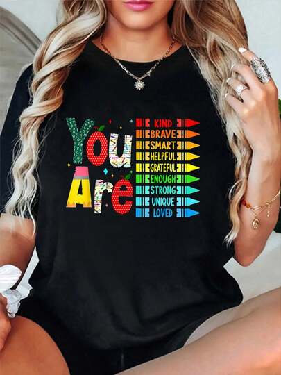 100% Cotton Teacher You Are Kind Brave Smart Helpful Back To School T-Shirt Women's Vintage Relaxed Fit Tee Premium Soft Tops Printing Round Neck Fashion Shirts