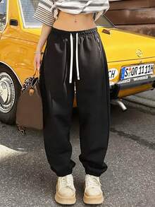 Women's Outdoor Running Pants, Solid Color Casual Pants Suitable For Spring, Summer And All Seasons, With Adjustable Drawstring Waistband And Pockets, Perfect For Outdoor Hiking, Climbing, Gym Workout, Yoga And An Ideal Back-To-School Gift For Girlfriend Sports - Black - View 7