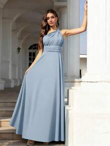 Volly Toych Modest Elegant Sleeveless Chiffon Maxi Bridesmaid Dress With Asymmetricalv Neck And Draped Knot Detail, , Wedding Guest Dress - Dusty Blue - View 5