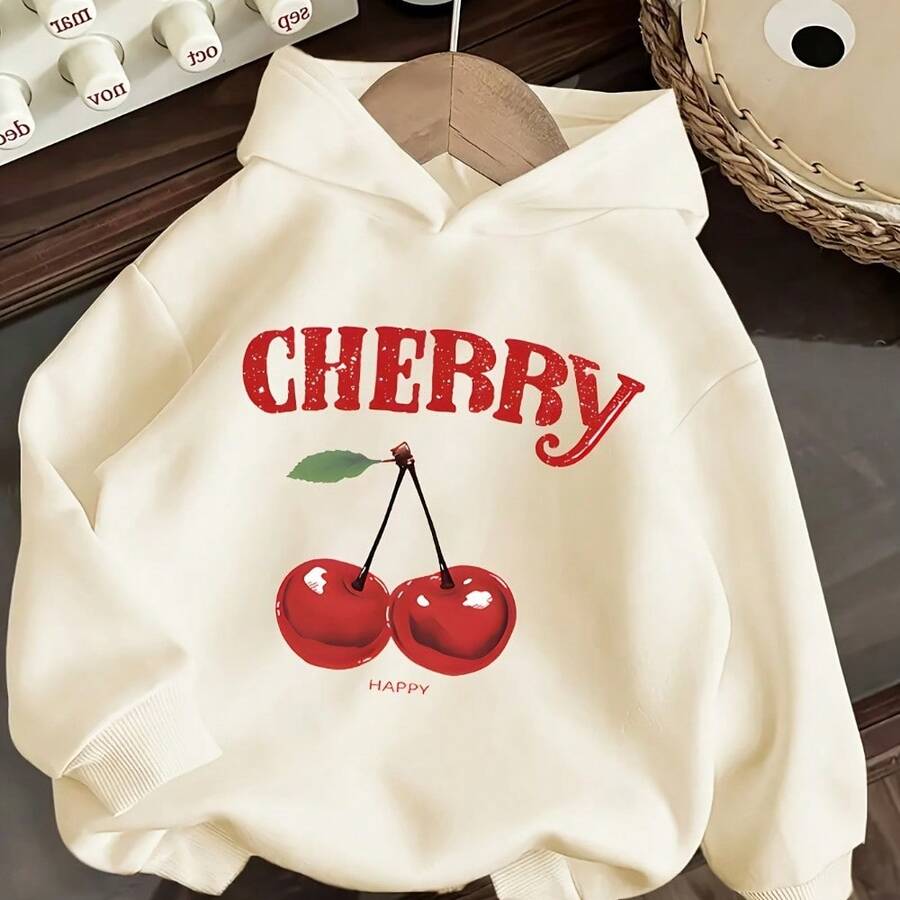 Girls' Hooded Sweatshirt With Cherry Curry Print - Cool Style For Girls - Beige - View 1