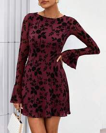 Women's 2026 Spring Floral Wedding Guest Dress Long Sleeve Crew Neck Flowy Party Cocktail Mini Dress - Floral Wine Red Black - View 2