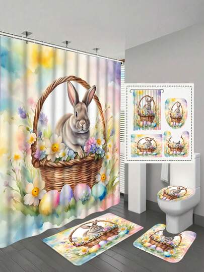复活节兔子卡通浴帘套装，1/3/4 件装，防水涤纶材质，带挂钩，含防滑地毯、U 型垫、马桶盖套和轻质编织艺术隔断，四季皆宜，易于清洁 - 复活节家居饰品