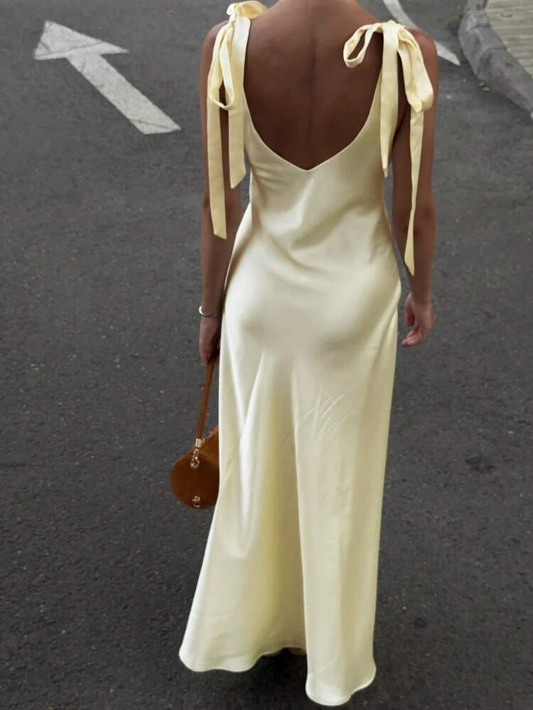 2026 Vår/Sommar Ny Satin Rosettband Djup V-ringning Champagnefärgad Formell Aftonklänning, Lämplig För Dejter, Formella Tillfällen, Fester, Stränder, Helgdagar, Gatustil, Karnevaler, Bröllop, Födelsedagar, Y2K, Glansig, Påsk, St. Patrick's Day, Examener, Galor, Lyxiga Kvällar Fest Elegant - Champagne - Visa 2
