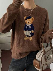 大码女式舒适冬季仿毛衣 - 可爱泰迪熊造型圆领长袖上衣，柔软休闲仿针织面料，秋冬叠穿的理想之选。泰迪熊毛衣，大码女装，泰迪熊毛衣，情人节，女士情人节，新年 - 咖啡棕 - 查看 7