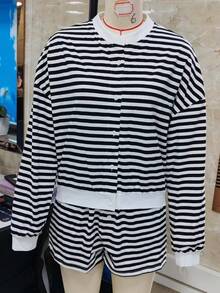 Women Striped Shorts Set Long Sleeve Button Down Cardigan Wide Leg Boxers 2 Piece Matching Outfits - Black - View 7