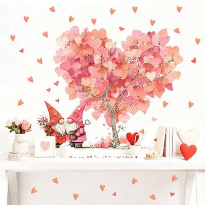1pc Fairy Tale Valentine's Day Wall Sticker, Dwarf And Heart-Shaped Tree, Self-Adhesive Removable, Suitable For Romantic Bedroom And Living Room Decor, Love Guardian Wall Decor, Cute Dwarf And Blooming Heart-Shaped Tree, Tear And Stick, Create A Dreamlike Backdrop, Stick And Use, Set The Holiday Atmosphere For Any Room