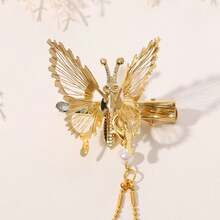 Fluttering Butterfly Hair Clip With Gold Tassel - Handmade Vintage Style Hairpin, Lightweight Photo & Festival Hair Accessory For Women - 黃 - 查看 3