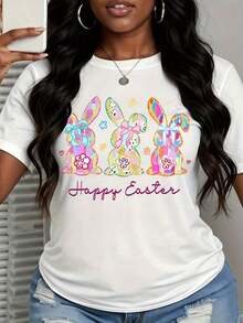 Women's Colorful Rabbit Easter Bunny T-Shirt, Spring Festival T-Shirt, Casual Daily Wear - 白色 - 查看 2