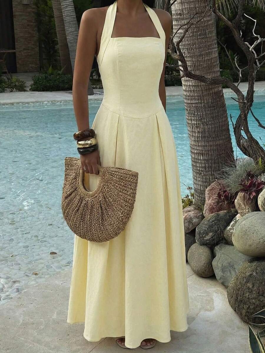 Unadoll 女士夏季休闲性感露背吊带连衣裙，荷叶边设计，优雅迷人，适合约会、度假、情人节、生日和派对等场合。 - 黃色 - 查看 1