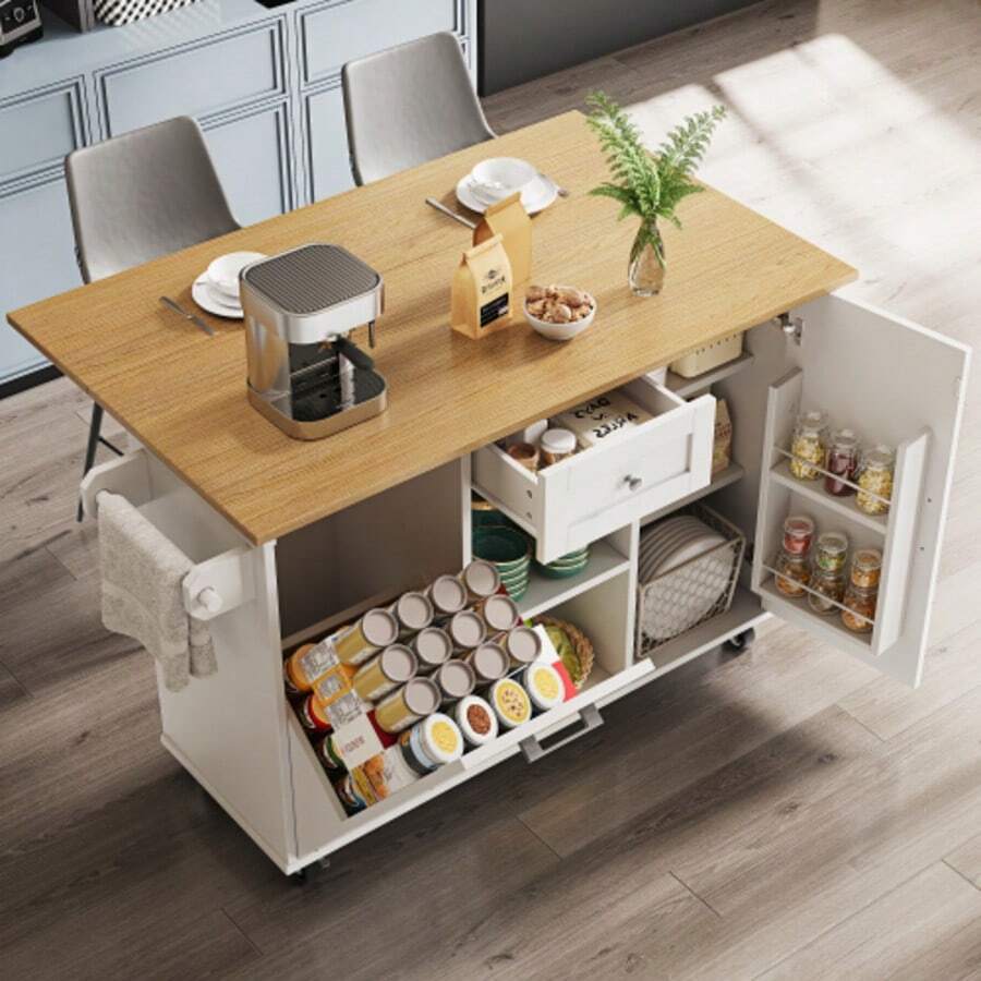 Moderne Kücheninsel, Küchenschrank Für Mülleimer, Buffetschrank, Multifunktionale Esstisch Mit Speicherraum, Speisewagen Mit Snackregalen Und Stretchfunktionsschränken, White - White - View 1