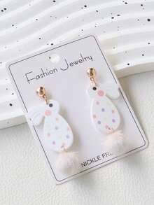 一对丙烯颜料绘制的可爱复活节彩蛋兔子耳朵耳环，配有毛绒球吊坠，甜美耳环，适合节日派对礼物 - 毛絨尾巴兔子 - 查看 3