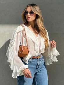 Women's Long Sleeve Chiffon Blouse, Button Ruffle Hem Elegant Solid Color Long Sleeve Formal Shirt, Loose Casual Summer Vacation Top, Bohemian Style, Loose Fashion Blouse White Spring - White - View 4