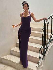 1pc Elegant Solid Color Asymmetric/Asymmetrical High Slit Backless Dress, Suitable For Parties, Weddings, All Seasons - Mận đậm - Xem 4