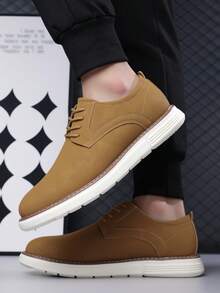 1 Pair Solid Color Casual Faux Leather Lace-Up Round Toe Breathable Office/Party Shoes, All Season - Brown - View 4