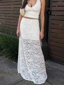 Women's Fashion Sexy Jacquard Hollow-Out Lace Skirt, Solid Color Sexy Lace Beach Holiday Casual Date Skirt, Summer White - White - View 1