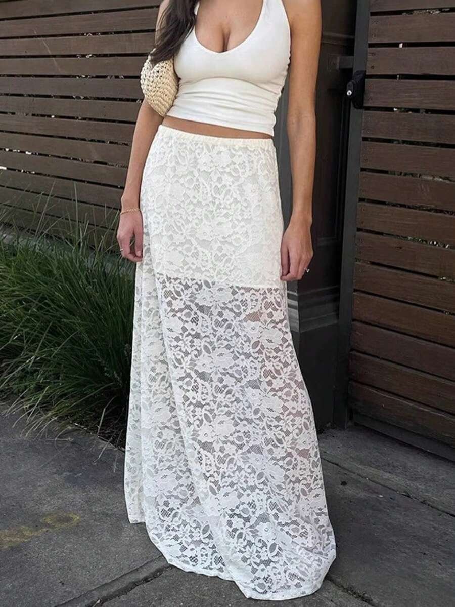 Women's Fashion Sexy Jacquard Hollow-Out Lace Skirt, Solid Color Sexy Lace Beach Holiday Casual Date Skirt, Summer White - White - View 1