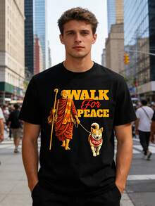 Men's Pure Cotton T-Shirt,  Fun Print T-Shirt.Peace Walking Monks And Aloka Dog Walk For Peace Men Women T-Shirt,Casual Streetwear Style, Suitable For Everyday Wear And Travel, Fashionable Statement T-Shirt, Comfortable And Soft Fabric, Unisex. - Black - View 2