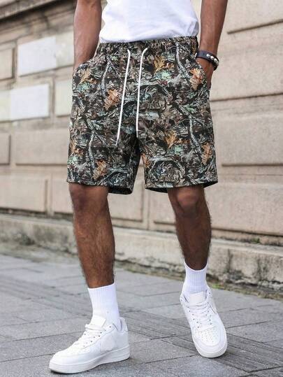 男士碎花短裤，夏季弹力薄款冰丝抽绳腰宽松直筒裤，随机树叶迷彩图案，Y2K时尚风格，休闲日常穿着，居家，派对，户外，海滩，度假，街头风，百搭