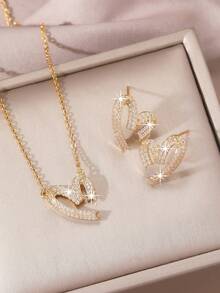 三件套奢华首饰：滑动式回形针项链、锁骨链和耳环，镶嵌闪亮锆石，18K镀金铜材质，适合日常佩戴、约会、婚礼、情人节、母亲节等场合作为礼物（不含贺卡）。 - 金色 - 查看 1