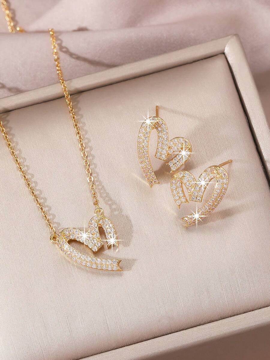 三件套奢华首饰：滑动式回形针项链、锁骨链和耳环，镶嵌闪亮锆石，18K镀金铜材质，适合日常佩戴、约会、婚礼、情人节、母亲节等场合作为礼物（不含贺卡）。 - 金色 - 查看 1