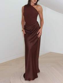 Women One Shoulder Bodycon Maxi Dress Sleeveless Ruched Elegant Evening Party Dress - Cà phê nâu - Xem 6