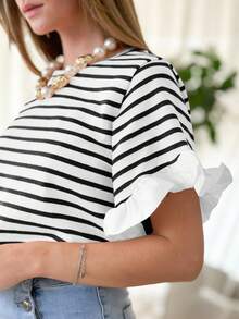 Women Striped Tops Ruffle Sleeve Casual Basic T Shirts Crewneck Short Sleeve Shirt Summer Outfits - 黑色 - 查看 4